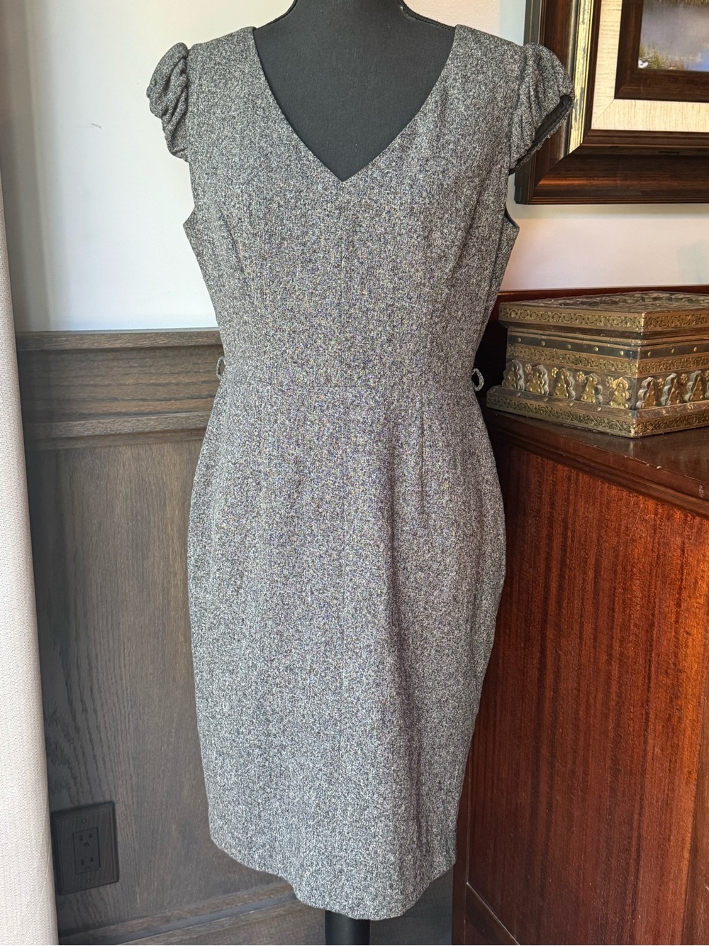 Evan Picone Gray Tweed V-Neck  Midi Dress Sz 8